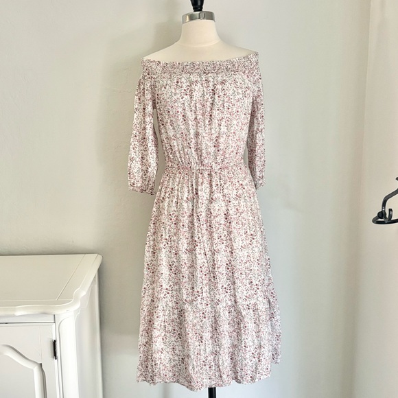 Old Navy Dresses & Skirts - White Ditsy Floral Print Smocked Off-Shoulder Cotton Rayon Blend Dress, Small